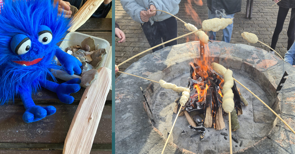 Fridolin mit Speerspitzen, Kinder mit Stockbrot am Feuer
