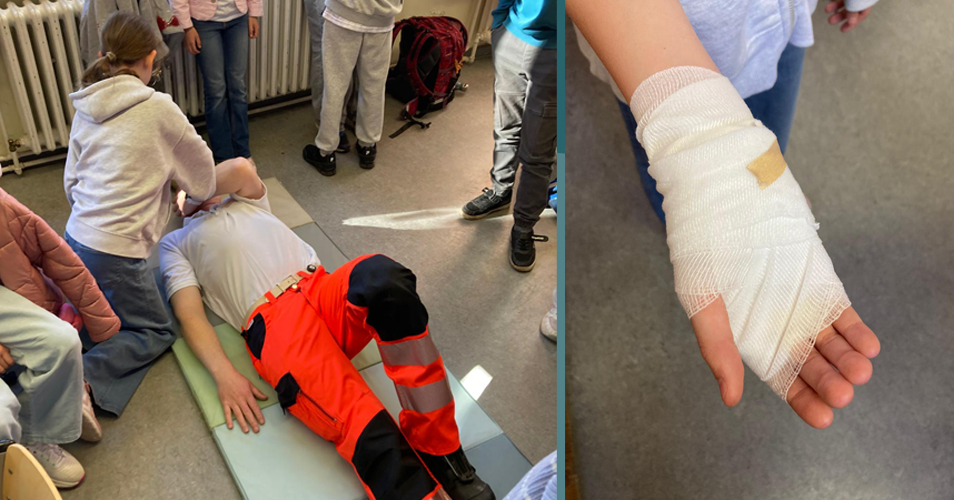 Stabile Seitenlage, Hand mit Verband