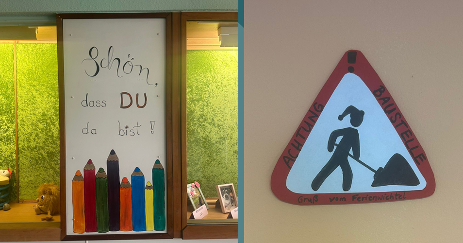 Schaukasten und Baustellenschild im Eingangsbereich der Schule