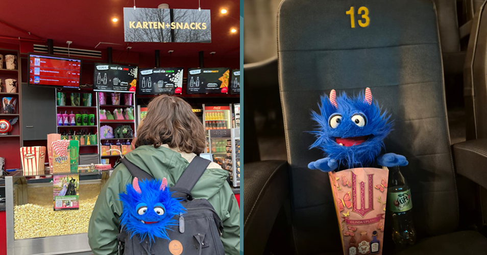 Kind im Eingangsbereich des Kinos und Fridolin im Kinosaal