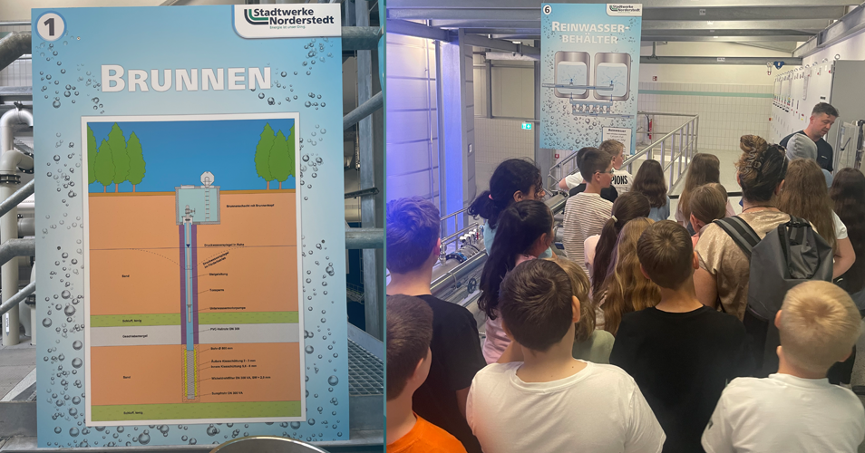 Lerntafel über Brunnen und Kinder im Wasserwerk